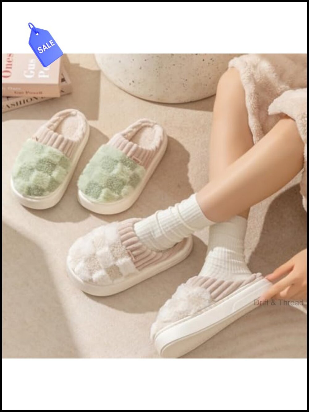 Plaid House Slippers Plush Fuzzy Warm Memory Foam Indoor Non-Slip - Picture 4 of 6